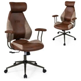 Brown Color Blocking Office Chair with 2D Adjustable Headrest, Ergonomic High-Back Desk Chair 330 lbs Capacity (Option: default title)
