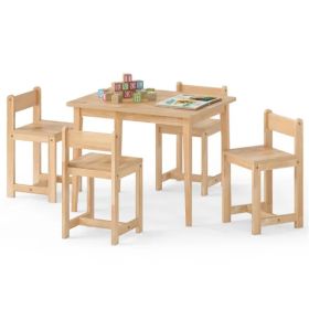 Kids Wooden Table And Chairs Set (1 Table + 4 Chairs), Rubber Wood Toddler Activity Set (Natural) (Option: defaulttitle)