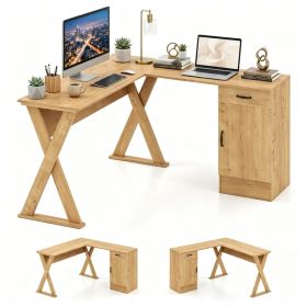 Reversible L-Shaped Computer Desk, Oak Finish Corner Writing Desk with Drawer & Storage Cabinet, X-Shaped Reinforced Frame Home Office Gaming Wor (Option: default title)