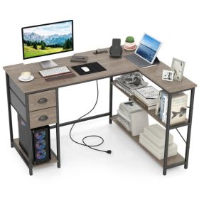 L-Shaped Computer Desk with Built-in Power Outlet, USB & Type-C Charging Port, Home Office Corner Desk with Fabric Drawers & Storage Shelves-Oak (Option: default title)