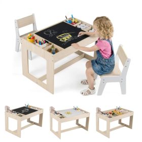 3-in-1 Kids Table & 2 Chairs Set, Double-Sided Chalkboard Whiteboard Activity Table for Toddlers-Natural (Option: default title)