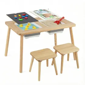 All-in-One Kids Activity Table And Chairs Set, Pine Wood Sensory Table With Foldable Storage Bins, Chalkboard & Whiteboard For Ages 3+ (Option: defaulttitle)