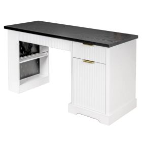 55" Modern Fluted Office Desk with Storage Cabinet & Drawers, Computer Writing Desk with Power Outlet, Pegboard, Built-in Shelves and Keyboard Tr (Option: default title)