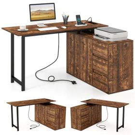 Reversible L-Shaped Desk with Built-in Charging Station, Home Office Desk with Drawers & File Cabinet - Rustic Brown (Option: default title)