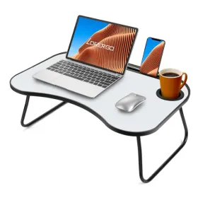 Portable Laptop Desk, Gray And White Matte Metal And Wood Construction, Foldable Design With Cup Holder, 26.5 X 18.5 Inches, For Bed, Car, Couch, (Option: defaulttitle)