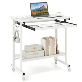 White Mobile Computer Desk With Keyboard Tray & Storage Shelf, 360 Lockable Casters For Home Office (Option: defaulttitle)