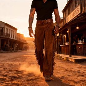 Retro Western Cowboy Deer Skin Fleece Fringe Wide Leg Pants (Option: Brown-S)