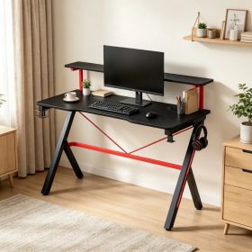 47 Inch Black Gaming Desk with Elevated Monitor Shelf Rotatable Cup Holder And Headphone Hook Racing Computer Workstation for Home Office (Option: default title)