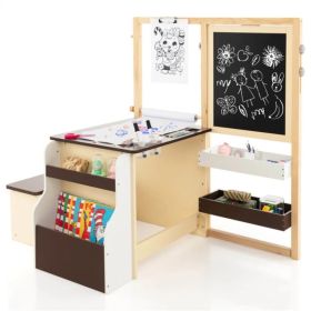 Kids Multifunctional Art Center with Double-Sided Easel, Wooden Art Table Bench Set for 3+ Years, Brown (Option: default title)