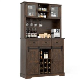 Brown Farmhouse 72" Pantry Cabinet With Hutch, Sliding Barn Doors & Wine Storage Rack (Option: defaulttitle)