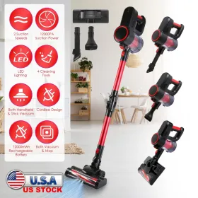 Cordless Vacuum Cleaner Lightweight Handheld Vacuum Upright Stick Floor Vacuum Battery Powered Mop With Lighting 2 Speeds 12000PA Suction 4 Tools (Option: RedBlack)