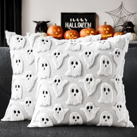 White Cute Ghost Halloween Pillow Covers 18x18 Set Of 2 Spooky Aesthetic Throw Cushion Covers For Halloween Home Decor (Option: white)